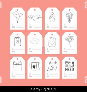 Set von Geschenkanhänger mit schwarz-weißen handgezeichneten Kritzeleien zum Valentinstag. Eine Sammlung von anwesenden Etiketten mit Illustrationen und Worten zu, von. Si Stock Vektor