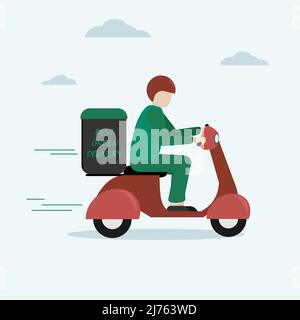 Illustration des Lieferers Reiten auf Roller mit Box. Lieferer reitet einen roten Roller Illustration. Ökologischer Lebensmittel Lieferung Mensch Vektor Stock Vektor