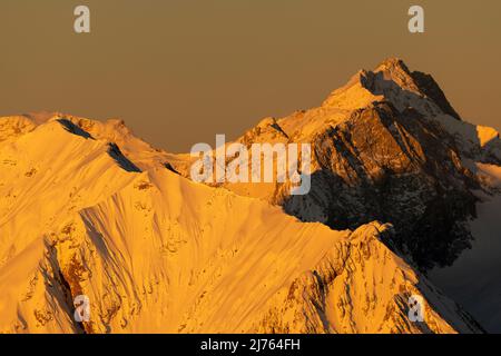 Goldenes Licht bei Sonnenaufgang lässt die Zugspitze und den Grat der Hochblassen oberhalb von Garmisch-Partenkirchen in den deutschen Alpen goldgelb leuchten. Blick von der Westkarwendelspitze. Stockfoto