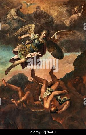 San Michele Arcangelo scaccia il demonio all’Inferno - olio su tela - Pietro Maggi - XVIII secolo - Morbegno (so) ,italia,chiesa di San Giovanni Ba Stockfoto