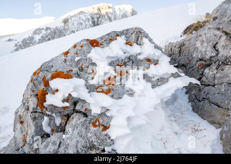 Schnee und Eis bildeten im Winter die Form eines Gespenstes, oder Kobold auf einem Flechtengestein im Karwendel. Stockfoto