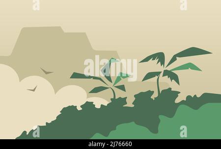 Landschaft mit tropischem Wald und Palmen. Grüner Regenwald. Cartoon-Vektorgrafik. Hintergrund der Tierwelt Stock Vektor