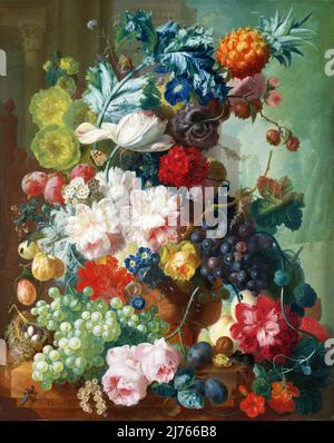 Früchte und Blumen in einer Terrakotta-Vase des niederländischen Künstlers Jan van OS (1744-1808), Öl auf Mahagoni, 1777-8 Stockfoto