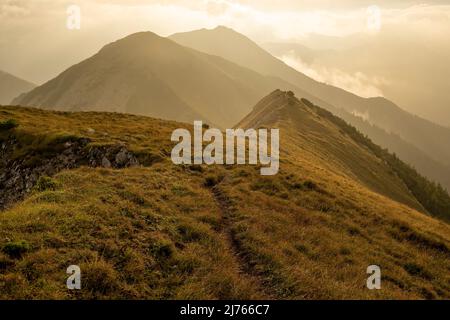 Morgenstimmung mit leichtem Nebel und Wolken an der sogenannten Fleischbank im Karwendel, oberhalb von Hinterriss, in den Tiroler Alpen. Die Hintergrundbeleuchtung der aufgehenden Sonne zeigt harte Schatten und eine fast goldene Stimmung. Stockfoto