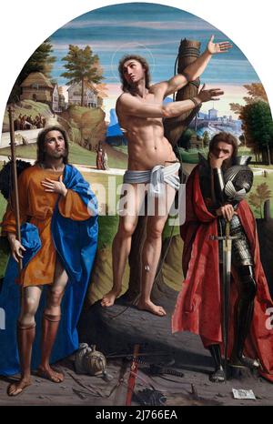 Der heilige Sebastian mit dem heiligen Roch und dem heiligen Demetrius von Ortolano (Giovanni Battista Benvenuti: c.1487-c.1527), Öl auf Leinwand aus Holz übertragen, um 1521-24 Stockfoto