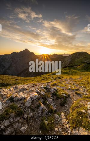 Wanderweg mit Wandermarkierungen, im Hintergrund die Mondscheinspitze mit einem tollen Sonnenstern mit hellen Wolken am sonst blauen Himmel und goldenen, grünen Bergwiesen. Der Weg führt über einen Grat zur Plumsjochhütte von Kompar im Herzen des Karwendels. Stockfoto