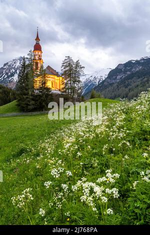 Die beleuchtete Nikolaikirche am Brenner in Obernberg bei Innsbruck in Tirol. Im Vordergrund eine typische Bergwiese mit Blumen. Stockfoto