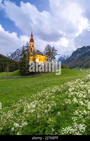 Alte Holzmühlen in Obernberg am Brenner, die historische Nikolaikirche im Hintergrund und Blumenwiesen im Vordergrund. Stockfoto