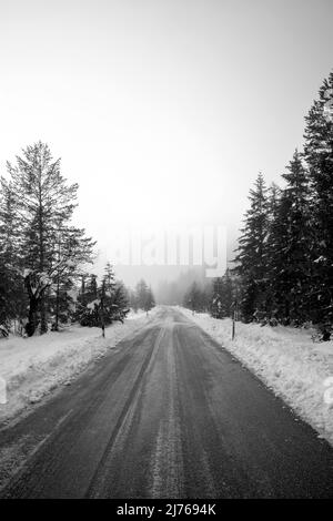 Die Mautstraße zwischen Wallgau und Vorderriss am Rande des Karwendels in den deutsch-österreichischen Alpen im Winter bei Schnee und Eis. Die Straße ist nur gerodet, aber nicht gesalzen und kann bei dem richtigen Wetter sehr rutschig sein. Der Rand ist mit aufgetürmtem Schnee gesäumt und die Landschaft ist in dichten Nebel getaucht. Stockfoto