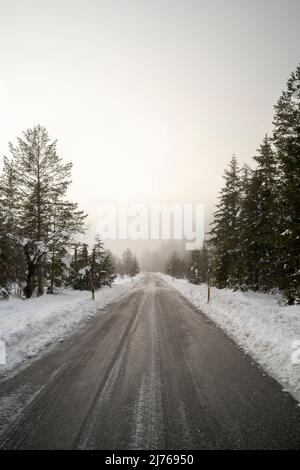 Die Mautstraße zwischen Wallgau und Vorderriss am Rande des Karwendels in den deutsch-österreichischen Alpen im Winter bei Schnee und Eis. Die Straße ist nur gerodet, aber nicht gesalzen und kann bei dem richtigen Wetter sehr rutschig sein. Der Rand ist mit aufgetürmtem Schnee gesäumt und die Landschaft ist in dichten Nebel getaucht. Stockfoto