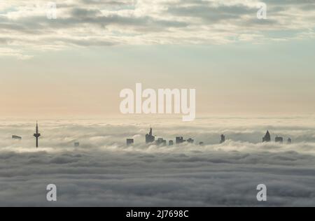 Deutschland, Hessen, Rhein-Main-Gebiet, Frankfurt am Main, Frankfurter Skyline in dichtem Nebel Stockfoto