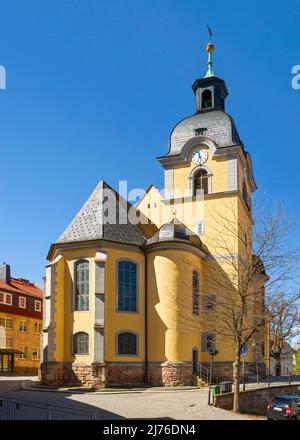 Deutschland, Suhl, St. Mary's Lutherische Kirche ist die älteste Kirche in der Stadt Suhl. Die Kirche wurde zwischen 1487 und 1491 erbaut. Der Kirchturm hat einen quadratischen Grundrisplatz und eine walisische Kuppel. Stockfoto