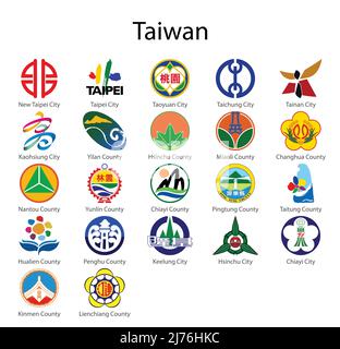Set Wappen des Staates Taiwan, Alle Regionen Taiwans Emblem Sammlung Stock Vektor