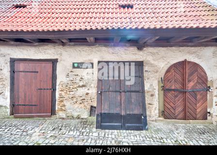 Kirchenburg, gaden, Lagerhäuser, ReichsdorfMuseum, gadener Komplex, Hausfassade, Sommer, Gochsheim, Franken, Deutschland, Europa, Stockfoto