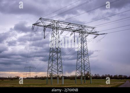 Strommasten auf einem Feld in der Nähe der Elbe, Hohenwarthe, Sachsen-Anhalt, Deutschland Stockfoto