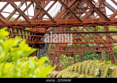 Alte, ungenutzte Eisenzugbrücke an der Old Coach Road, Nordinsel Neuseelands Stockfoto