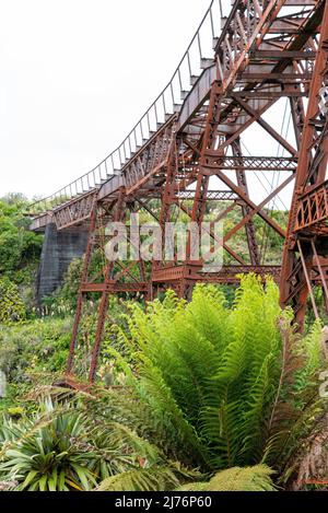 Alte, ungenutzte Eisenzugbrücke an der Old Coach Road, Nordinsel Neuseelands Stockfoto