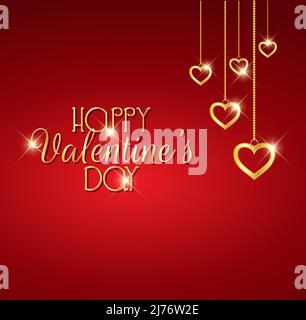 Happy Valentines Day Grüße Goldene Typografie Mit Hängenden Herzverzierungen Stock Vektor