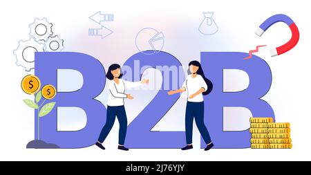 B2B erfolgreiche Zusammenarbeit von Unternehmen zu Unternehmen Daten und Leistungskennzahlen für die Business Intelligence-Analyse Marketingstrategie, Stock Vektor