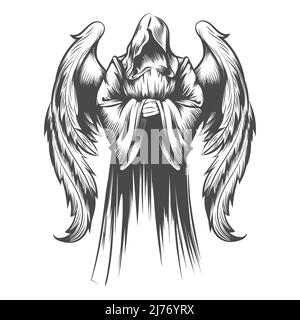 Tattoo of Angel mit Flügeln gezeichnet in Gravur Stil isoliert auf weißem Hintergrund. Vektorgrafik. Stock Vektor