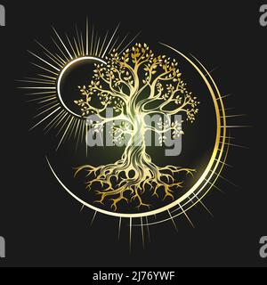 Emblem des esoterischen Symbols Golden Tree of Life isoliert auf schwarzem Hintergrund. Vektorgrafik. Stock Vektor