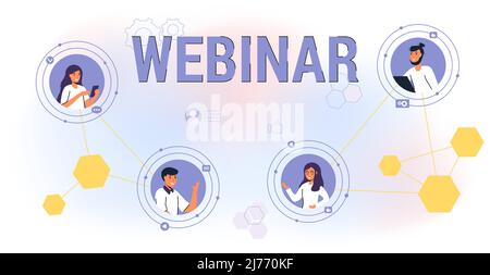 Online-Webinar Videokonferenz Fernkommunikation mit entferntem Live-Videocall Chat-Nachrichten Gespräch Gespräch oder virtuelle digitale Meeting-Elemente V Stock Vektor