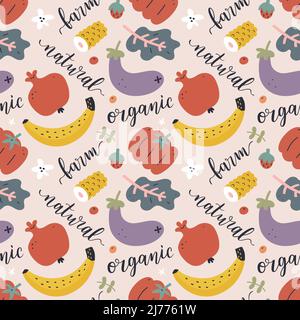 Gemüsemuster, handgezeichnete sylizierte Früchte, Aubergine und Pfeffer mit Schriftzug: Bio, Natur, Bauernhof. Textildruck. Nahtloser Hintergrund Stock Vektor
