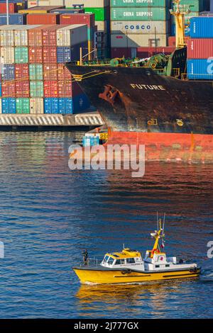 Containerschiff Future & Pilot Boat, Ensenada International Conatainer Terminal, Baja California, Mexiko Stockfoto