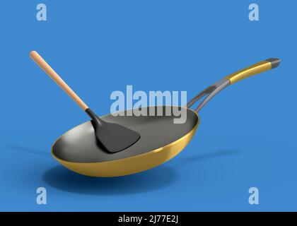 Bratpfanne mit Glasdeckel und massivem Drehspender aus Silikon auf blauem Hintergrund. 3D Render von antihaftbeschichteter Küchenutensilien Stockfoto