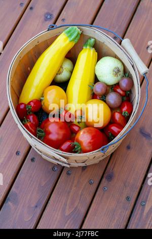 Bild über dem Kopf eines Buschelkorbs voller frischer Bio-Sommerprodukte, der auf einer Holzterrasse sitzt. Stockfoto