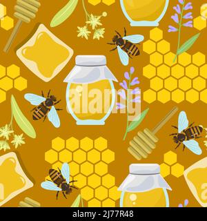 Nahtloses Muster mit Bienen, Blumen und Honigwaben. Farbenfrohe Sommerstruktur. Stock Vektor