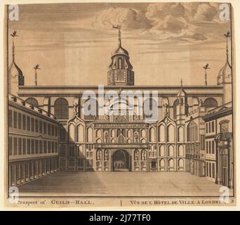 Blick auf den Innenhof und den Südeingang von Guildhall, London, Mitte des 18.. Jahrhunderts. Das große gotische Torhaus aus dem 13.. Jahrhundert wurde 1788 abgerissen und durch ein von George Dance entworfenes ersetzt. Aussicht auf Guild Hall, Vue de l'Hotel de Ville a Londres. Kupferstich eines unbekannten Künstlers, London, Mitte 1700s. Stockfoto