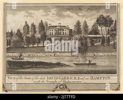 Blick auf die Villa von David Garrick, Hampton Court Road, 18.. Jahrhundert. Sitz des verstorbenen David Garrick Esq in Hampton. Portikus des neoklassischen Architekten Robert Adam im Jahr 1750s hinzugefügt, und Temple of Shakespeare, eine achteckige Kuppel mit ionischen Portikus, im Garten um 1755 gebaut. Kupferstich aus William Thornton’s New, Complete and Universal History of the City of London, Alexander Hogg, King's Arms, No. 16 Pamernoster Row, London, 1784. Stockfoto