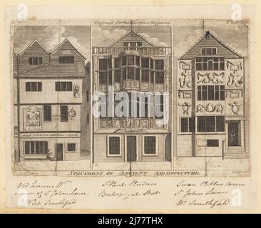 Beispiele antiker Architektur in London. Händler für ausländische Spirituosen, erbaut 1595 an der Ecke St. John's Lane, Smithfield 1, Sir Paul Pindars Tudor-Haus mit Holzfassade an der Bishopsgate Street 2 und Seven Public House, St. Johns Lane, West Smithfield 3. Kupferstich von Thomas Pratent aus dem European Magazine, London, Januar 1787. Stockfoto