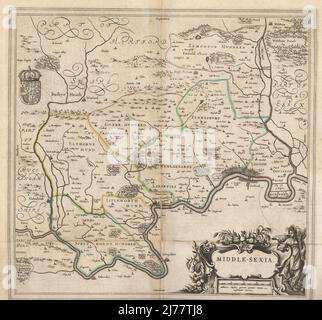 Karte der Stadt London und der Grafschaft Middlesex, um 1600. London wird als Kirchengemeinde dargestellt, umgeben von den Pfarreien Kensington, Chelsey, St. Gylles, Lambeth, Southwork, Hampton Court, an der Themse, Hyde Park und Marybon Park. Mit dem Titel Middle-Sexia in Kartusche und Wappen. Handkolorierter Kupferstich von Johannes Blaeu aus Geographiae Volumen Quintum quo Angliae, Grafschaftsatlas von England und Wales, Amsterdam, 1662. Stockfoto