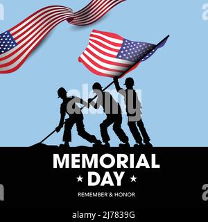 Alles gute zum Gedenktag USA. Amerikanischer Soldat mit Flagge. vektor-Illustration Design Stock Vektor