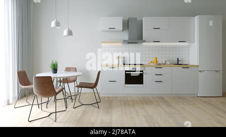 Küchenausstattung. 3D Rendering einer hellen Küche. Stockfoto