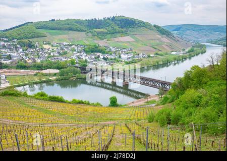 Panoramablick auf eine Doppeldeckerbrücke über die Mosel in Bullay, Deutschland Stockfoto