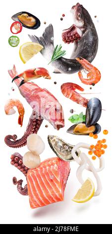 Frische Meeresfrüchte, Fisch und Gewürze schweben auf weißem Hintergrund. Datei enthält Beschneidungspfad. Stockfoto