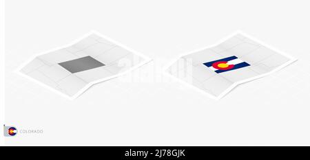 Set aus zwei realistischen Karten von Colorado mit Schatten. Die Flagge und Karte von Colorado im isometrischen Stil. Vektorvorlage. Stock Vektor