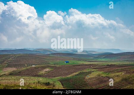 Am Berghang landwirtschaftlich bewirtschaftete Felder mit hellblauem Himmel am Morgen aus flachem Winkel Stockfoto