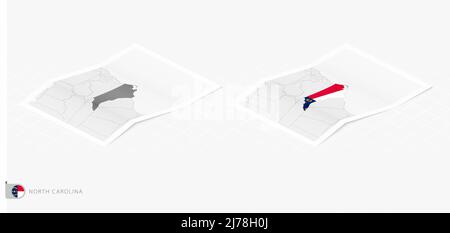 Set aus zwei realistischen Karten von North Carolina mit Schatten. Die Flagge und Karte von North Carolina im isometrischen Stil. Vektorvorlage. Stock Vektor