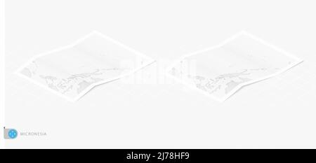 Set aus zwei realistischen Karten von Mikronesien mit Schatten. Die Flagge und Landkarte von Mikronesien im isometrischen Stil. Vektorvorlage. Stock Vektor