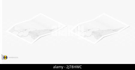 Set aus zwei realistischen Karten von Barbados mit Schatten. Flagge und Landkarte von Barbados im isometrischen Stil. Vektorvorlage. Stock Vektor