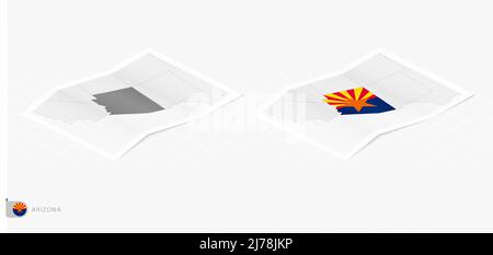 Set von zwei realistischen Karten von Arizona mit Schatten. Die Flagge und Landkarte von Arizona im isometrischen Stil. Vektorvorlage. Stock Vektor