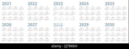 Kalendersatz in Grundausführung für 2021, 2022, 2023, 2024, 2025, 2026, 2027, 2028, 2029, 2030 Jahre. Vector Kalender Sammlung für Jahrzehnt in Englisch la Stock Vektor