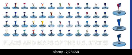 Flaggen und Karten der US-Staaten im runden isometrischen Stil mit dreieckiger Flagge von 3D. USA Maps-Sammlung. Stock Vektor