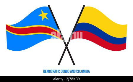 Demokratische Republik Kongo und Kolumbien Flaggen gekreuzt & winken Flat Style. Offizieller Anteil. Korrigieren Sie Die Farben. Stockfoto