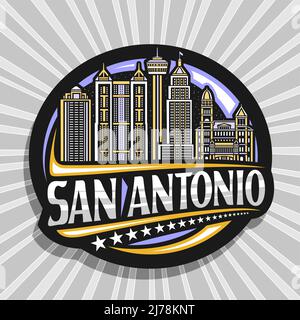 Vektor-Logo für San Antonio, schwarzer dekorativer Anhänger mit Illustration der zeitgenössischen texanischen Stadtlandschaft auf dem Hintergrund des Abendhimmels, Kunstdesign-Kühlschrankmagnet Stock Vektor