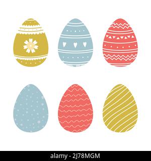 Set von einfachen Ostereiern mit verschiedenen Mustern isoliert auf weißem Hintergrund. Bunte Cartoon Vektor Illustration. Designelement für Grußkarte, Stock Vektor